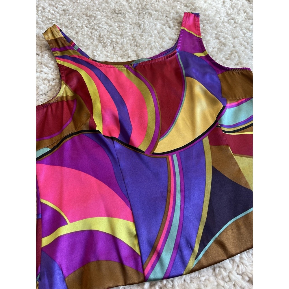 Vtg Womens Satin Psychedelic Colorful Bold Swirl Cropped Tank 12 Retro Geometric - Picture 7 of 7